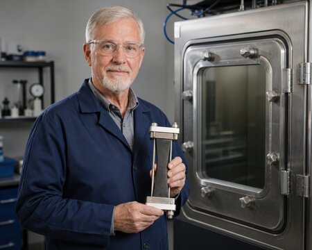 Rubber ozone testing - a senior engineer holding a dynamic strain fixture