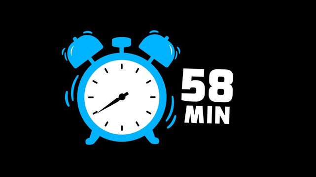58 min timer animation on transparent background with alpha channel. Timer, clock, alarm clock icon with 58 minute timer animation video. 58 minutes clock. 4k video