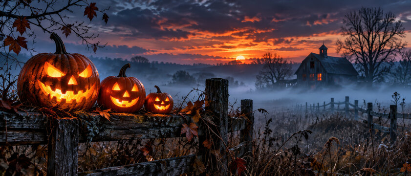 Three glowing jack o lanterns rest on a weathered wooden fence amid autumn leaves, overlooking a misty farm field and dark barn beneath a fiery sunset.