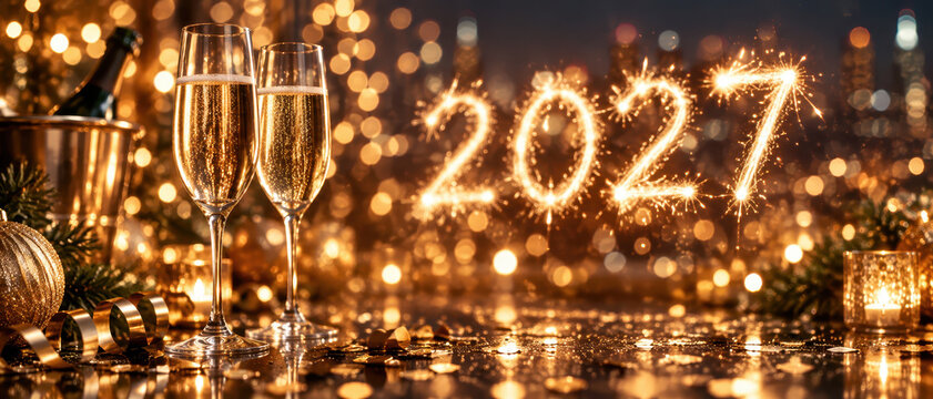 Two filled champagne flutes stand beside sparkling 2027 numerals, gold ornaments, ribbon, and candlelight on a festive New Year celebration table with warm bokeh.