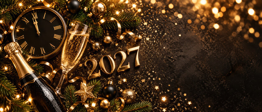 Gold 2027 numerals beside a black clock, champagne bottle and filled flute, surrounded by evergreen branches, ornaments, ribbon, and warm festive lights on a dark surface.