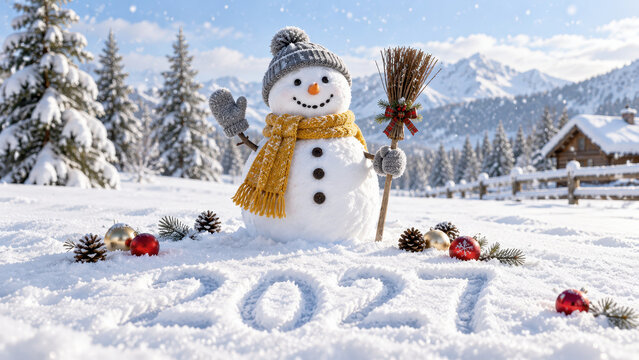 Cheerful snowman in a knit hat and yellow scarf holds a decorated broom in a snowy mountain village, with pinecones and red ornaments beside the word Joy in snow.