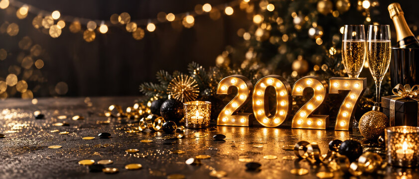 Glowing 2027 marquee numbers stand beside champagne flutes, a bottle, candles, ornaments, confetti, and a wrapped gift amid warm golden festive lights.