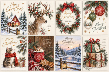 Obraz premium Vintage Christmas Card Collection with Cozy Winter Animals Gifts and Holiday Scenes