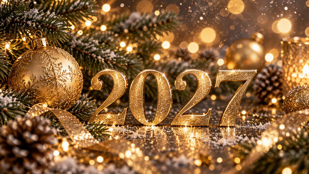 Golden 2027 numerals stand among snow dusted fir branches, baubles, pinecones, and glowing holiday lights in a warm festive close up with sparkling bokeh.
