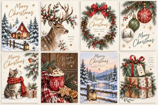 Vintage Christmas Card Collection with Cozy Winter Animals Gifts and Holiday Scenes