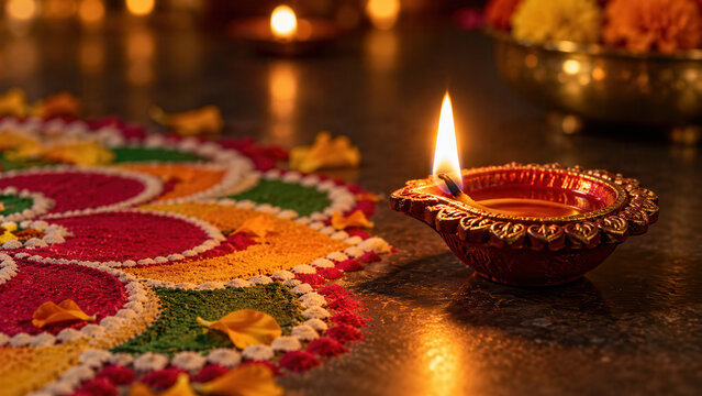 A lit decorative diya stands beside a colorful rangoli of red yellow green and orange powder, edged with white grains and scattered flower petals on a reflective floor.