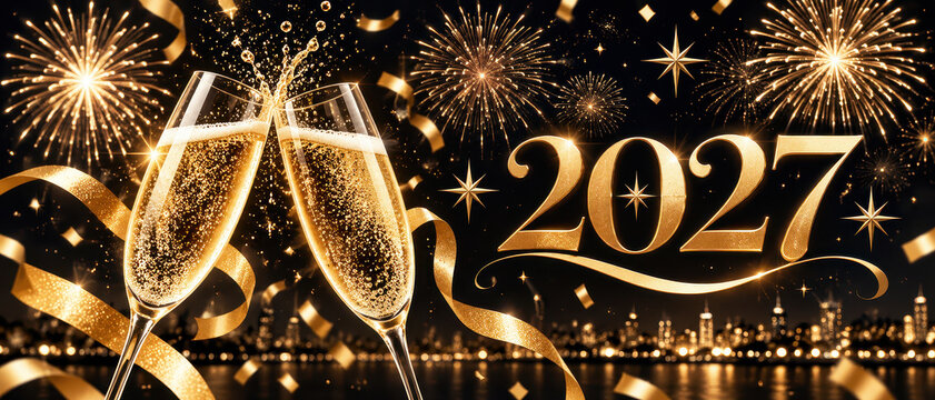 Two champagne flutes clink in a celebratory toast beside gold 2027 numerals, curling ribbons, starbursts, and fireworks over an illuminated waterfront city skyline.