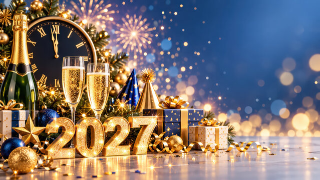 Glowing 2027 numerals stand beside champagne flutes and a bottle, wrapped gifts, ornaments, a midnight clock, party hats, and fireworks against a blue bokeh backdrop.