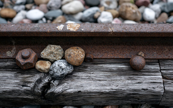 Close-up of train track rail and wooden sleeper with bolts and rocks
