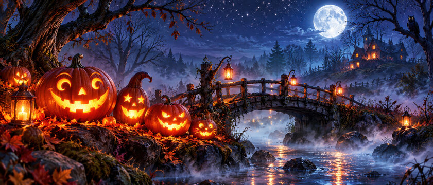Glowing jack o lantern pumpkins line a rocky stream beside a lantern lit wooden bridge, with a full moon, misty forest, owl, and distant haunted house at night.