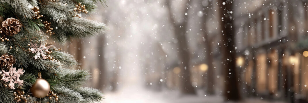 Christmas tree decorated with delicate rose blossoms. Gold ornaments. And snow on a rustic wooden table. Featuring glowing bokeh lights and a festive winter background