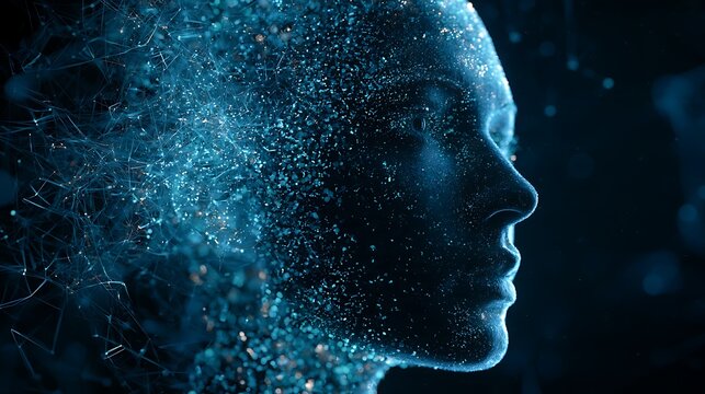Side profile of a human face dissolving into digital particles and network