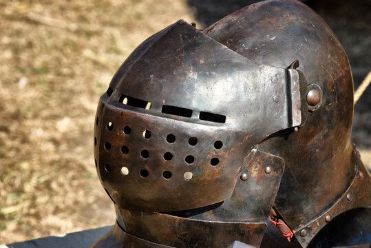 Close-up of a medieval knight's houndskull bascinet helmet with visor
