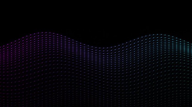 Abstract digital wave of glowing dots and connected lines forming a mesh surface with purple and blue gradient lighting on a black background