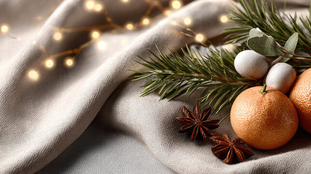 Winter holiday composition featuring fresh mandarins. Aromatic star anise. Pine branches. And baby's breath on cozy linen fabric with warm festive lights