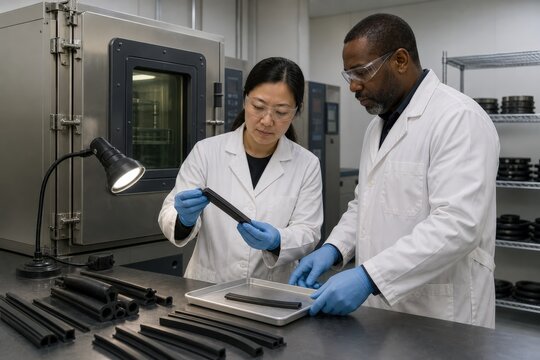 Rubber ozone testing - technicians comparing exposed weatherstrip