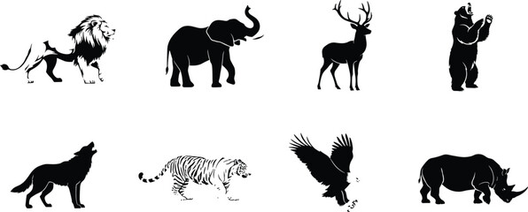 Obraz premium Collection of black wild animal silhouettes including lion, elephant, deer, bear, wolf, tiger, eagle, and rhino