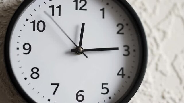 Clock hanging on textured white wall with moving second hand showing time passing
