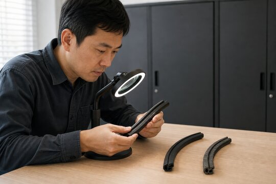 Rubber ozone testing - a product designer inspecting aged automotive weatherstrip