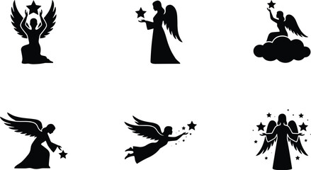 Obraz premium Set of angel silhouettes with wings and stars in various poses on clouds isolated on white background