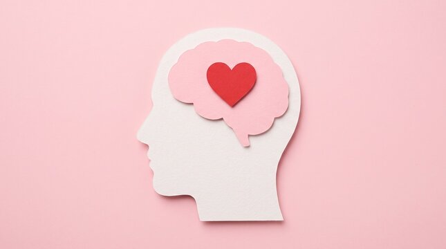 A paper cutout of a human head profile with a brain shape and a red heart inside