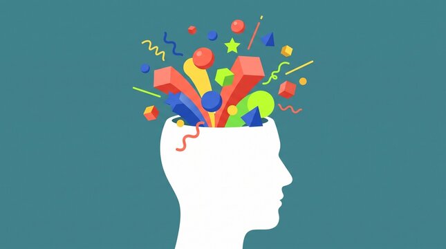 Conceptual illustration of a human head silhouette with colorful abstract shapes exploding from the open brain area