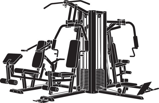 Multi-Gym Fitness Station Black and White Vector Icon Illustration of Comprehensive Gym Workout Machine Equipment