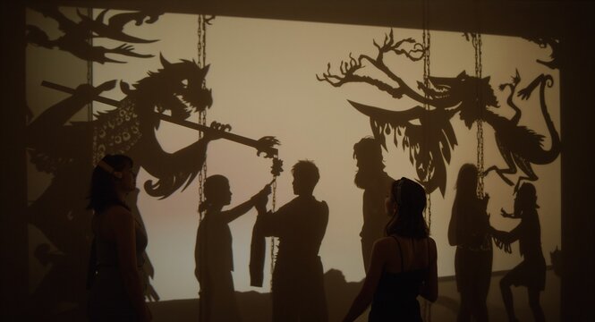 Artistic shadow puppets creating enchanting designs on a wall, casting intricate shapes � Professional Stock Photography Concept for Commercial and Marketing Use
