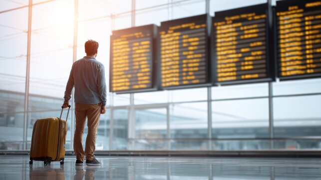 Traveler male standing under large airport flight display, reading arrival and departure times, modern terminal