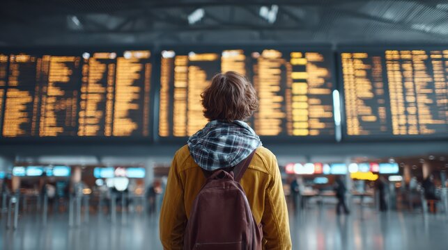 Traveler male standing under large airport flight display, reading arrival and departure times, modern terminal