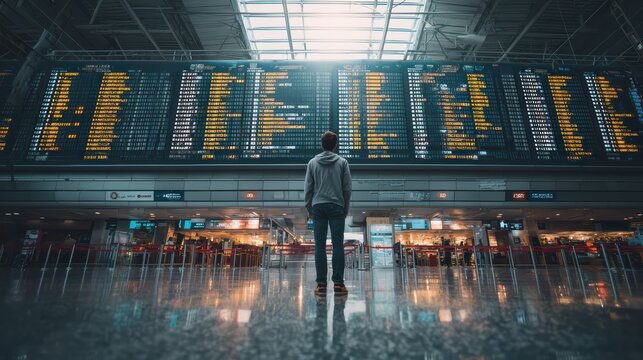 Traveler male standing under large airport flight display, reading arrival and departure times, modern terminal