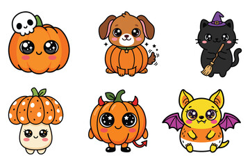 Obraz premium Cute Kawaii Halloween Character Set Featuring Pumpkins, Dog, Black Cat Witch, Mushroom, Devil Pumpkin, and Candy Corn Bat Vector Illustration