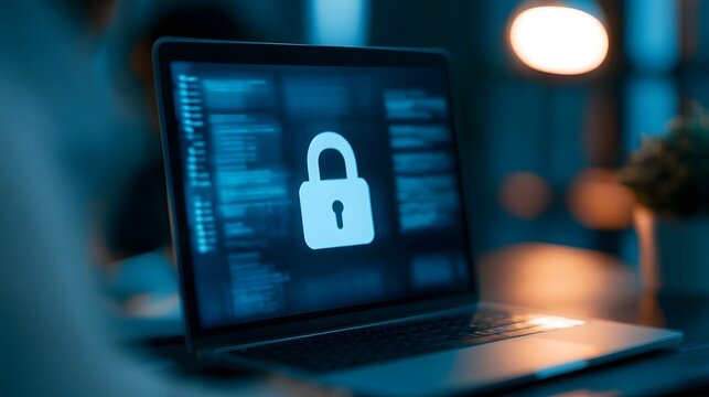 A laptop screen displays a glowing padlock icon over blurred code  suggesting digital security or data protection in a dimly lit workspace