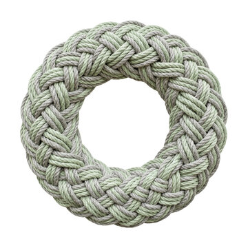 A circular wreath made from intricately braided green and gray rope, showcasing detailed fiber texture and nautical craftwork for maritime decor themes