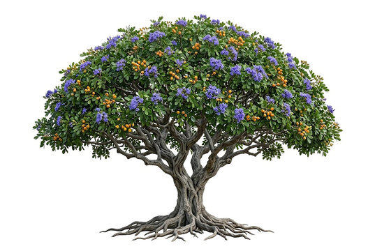  Ultra-realistic mature Lignum Vitae (Guaiacum officinale), slow-growing tropical evergreen tree with dense rounded crown, small paired dark-green leaves, gnarled gray-brown trunk