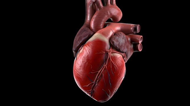 anatomical illust n of the human heart with visible chambers  valves  and major blood vessels against a black background