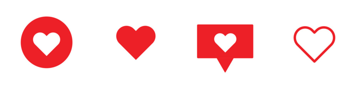 Set of red heart icons for social media interface, love symbols and like buttons