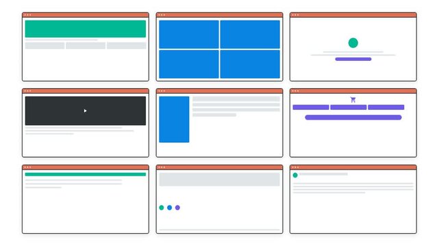 Flat Design Web Browser Wireframe Animation Grid, Modern UI UX Layout Templates for Website Development and Digital Interface Design