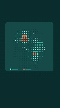 Vertical 9:16 animated map dot density density in cyan and teal on a dark background. Seamless looping 4K data visualization in portrait format for reels, shorts, stories and mobile presentations, wit