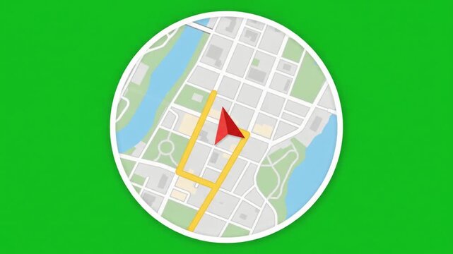GPS Navigation Map Animation with Red Arrow and Yellow Route Path on Green Screen Chroma Key Background.