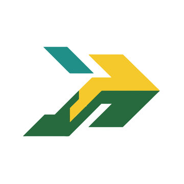 Abstract geometric arrow shape with yellow, green, and teal colors