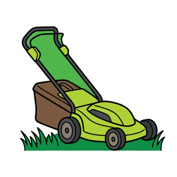 Green lawnmower with grass catcher on grass
