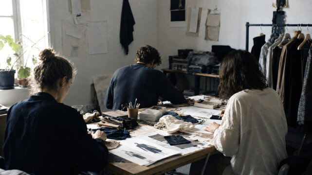 Fashion design team working with fabric samples, sketches and clothing patterns around a table in a small creative studio