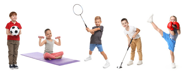 Children with various sports equipment, collage of portraits on white background. Classes in different sporting activities © New Africa
