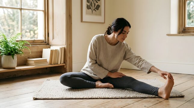 Woman performing seated hamstring stretch on mat in sunny living room