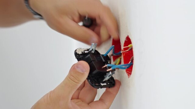 Person connecting electrical wires to a wall socket during installation.