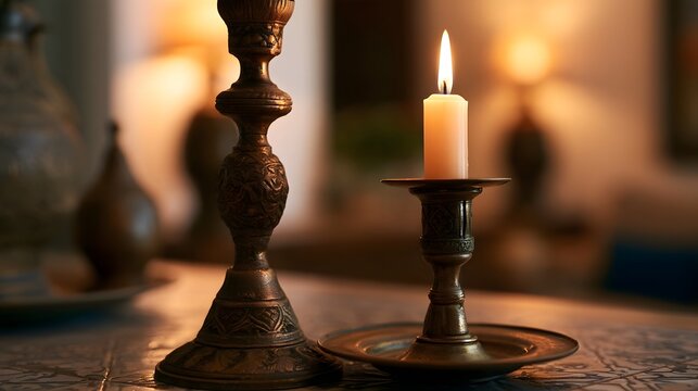 A lit candle in an ornate brass holder on a patterned table  with warm ambient lighting and blurred background decor
