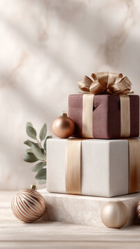 Luxurious christmas gifts stacked with elegant golden ribbons, celebrating festive holidays, holiday season sales, and new year celebrations with winter decorations