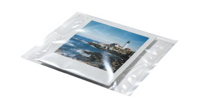 Small square photograph print of a city skyline landscape held in a clear plastic protective sleeve